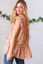 Sunset Floral Print Ruffle Tiered Keyhole Top Haptics