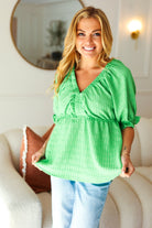 Kelly Green Textured V Neck Babydoll Top Haptics