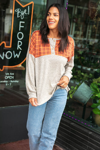 Plaid Cashmere Feel Two Tone Button Down Top Haptics