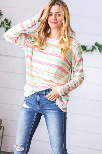 Green Apple & Tangerine Textured Vintage Stripe Top Haptics