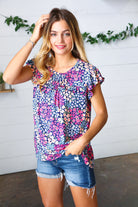 Navy Floral Print Frilled Short Sleeve Yoke Top Haptics