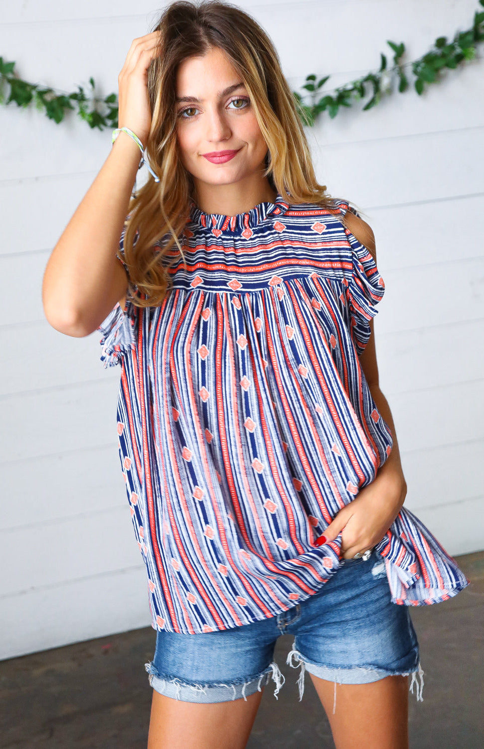 Navy & Orange Boho Stripe Flutter Sleeve Top Haptics