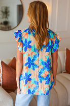 Tropical Breeze Turquoise Floral Banded V Neck Flutter Sleeve Top Haptics