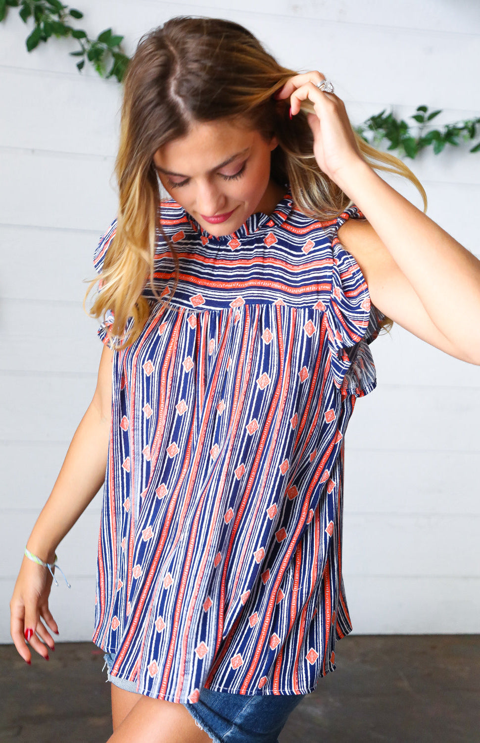 Navy & Orange Boho Stripe Flutter Sleeve Top Haptics