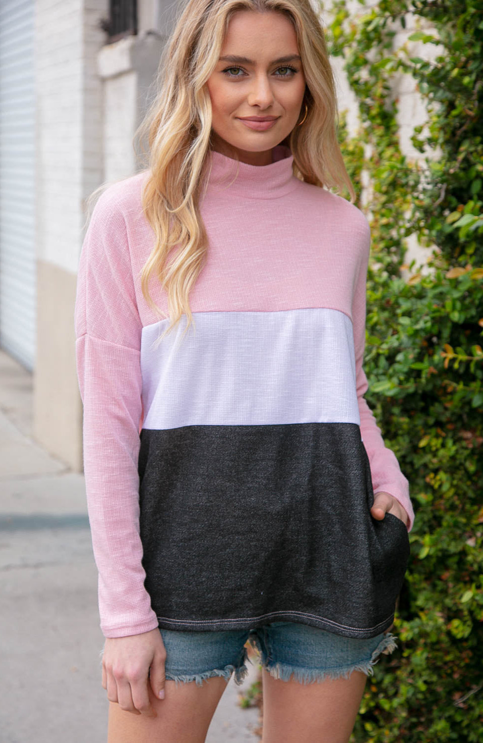 Blush Color Block Mock Neck Side Pocket Top Haptics