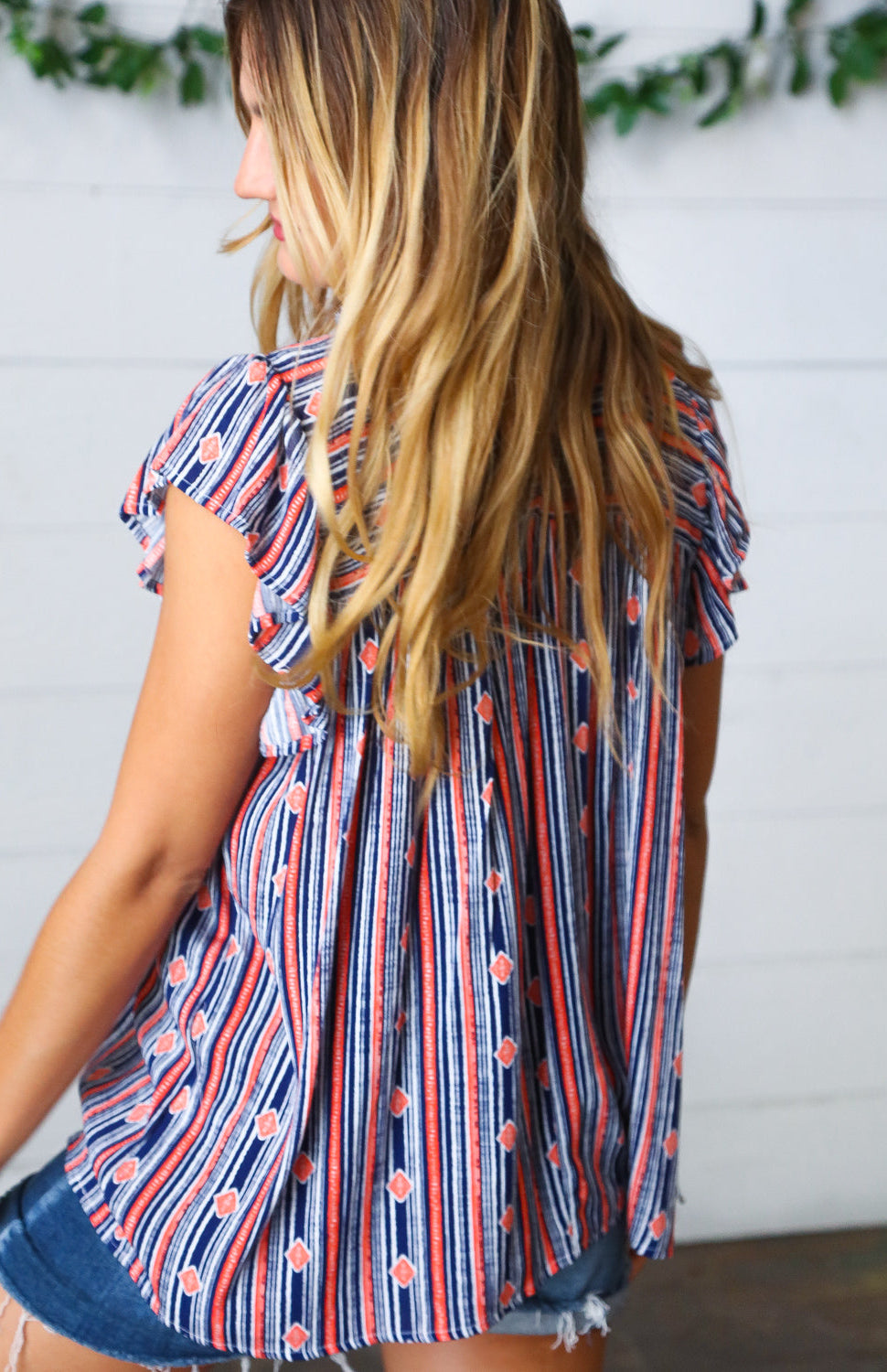 Navy & Orange Boho Stripe Flutter Sleeve Top Haptics