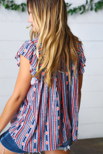 Navy & Orange Boho Stripe Flutter Sleeve Top Haptics