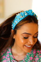 Blue Heart Pearl & Jewel Knot Knit Headband ICON