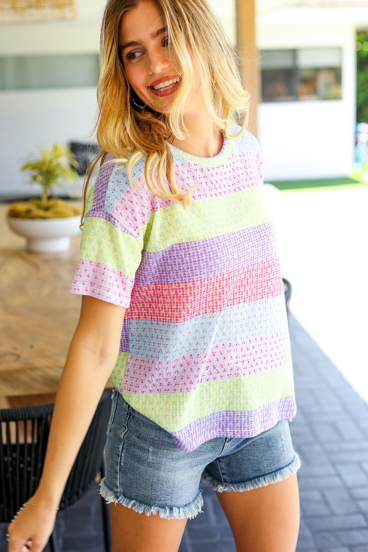 Stand Out Lavender & Pink Striped Textured Waffle Knit Top Haptics