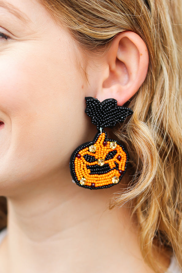 Halloween Jack-o-Lantern Beaded Dangle Earrings ICON