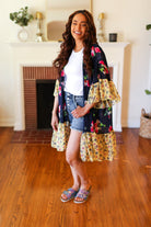 Navy & Yellow Colorblock Floral Chiffon Ruffle Kimono Haptics