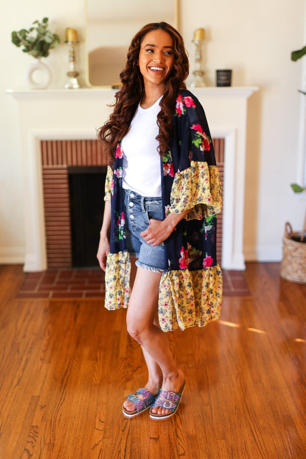 Navy & Yellow Colorblock Floral Chiffon Ruffle Kimono Haptics