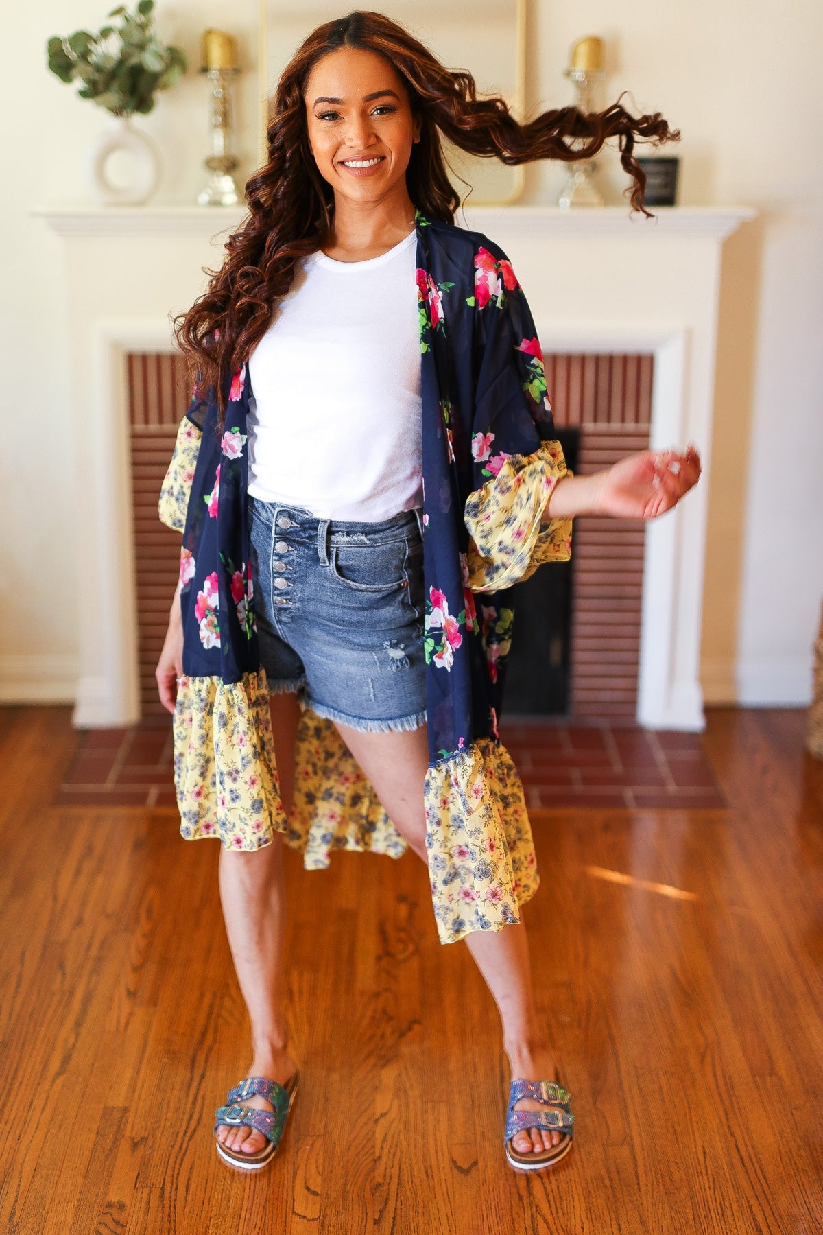 Navy & Yellow Colorblock Floral Chiffon Ruffle Kimono Haptics