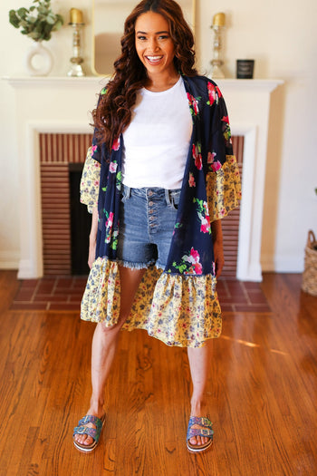 Navy & Yellow Colorblock Floral Chiffon Ruffle Kimono Haptics