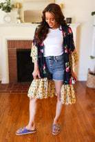 Navy & Yellow Colorblock Floral Chiffon Ruffle Kimono Haptics