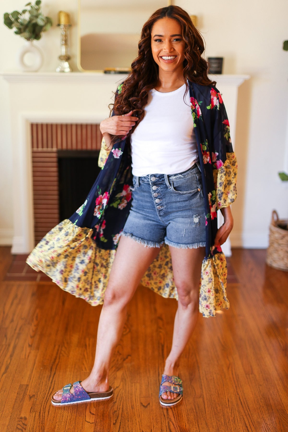 Navy & Yellow Colorblock Floral Chiffon Ruffle Kimono Haptics