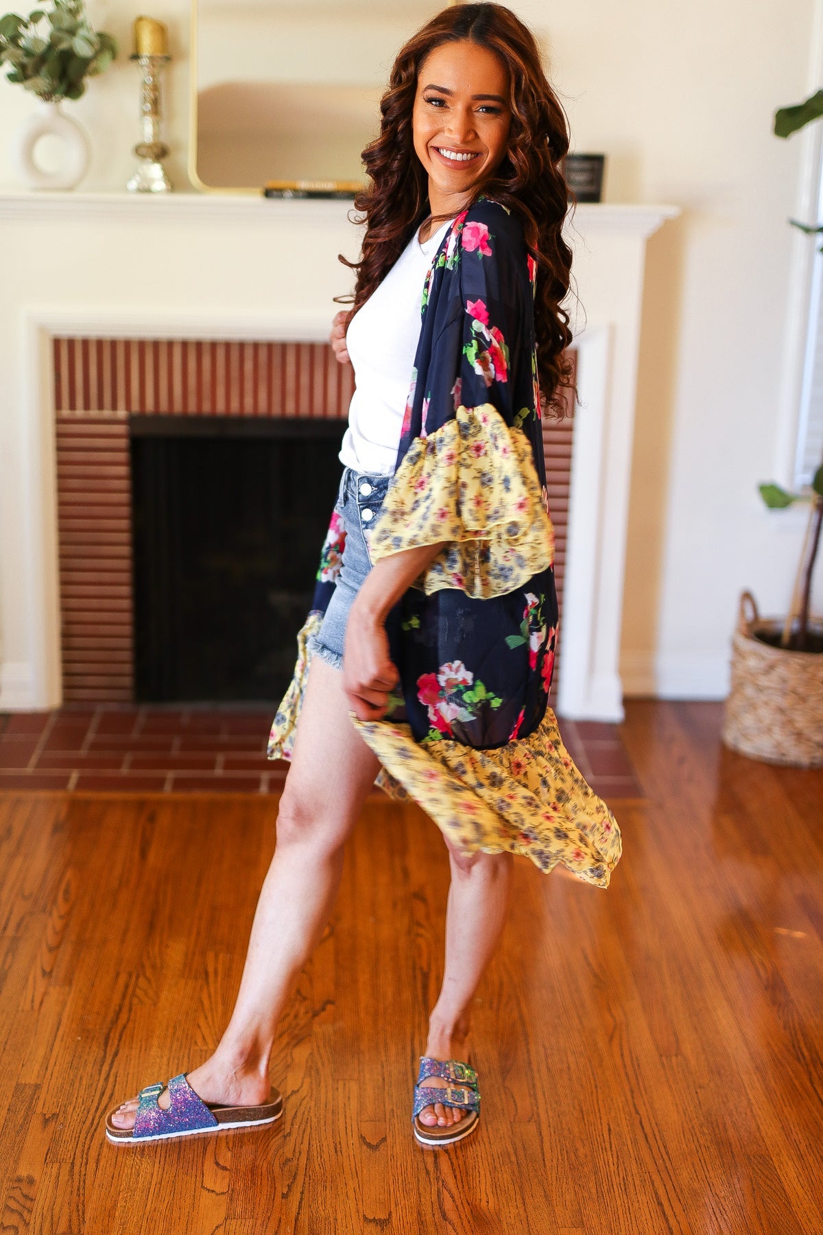 Navy & Yellow Colorblock Floral Chiffon Ruffle Kimono Haptics