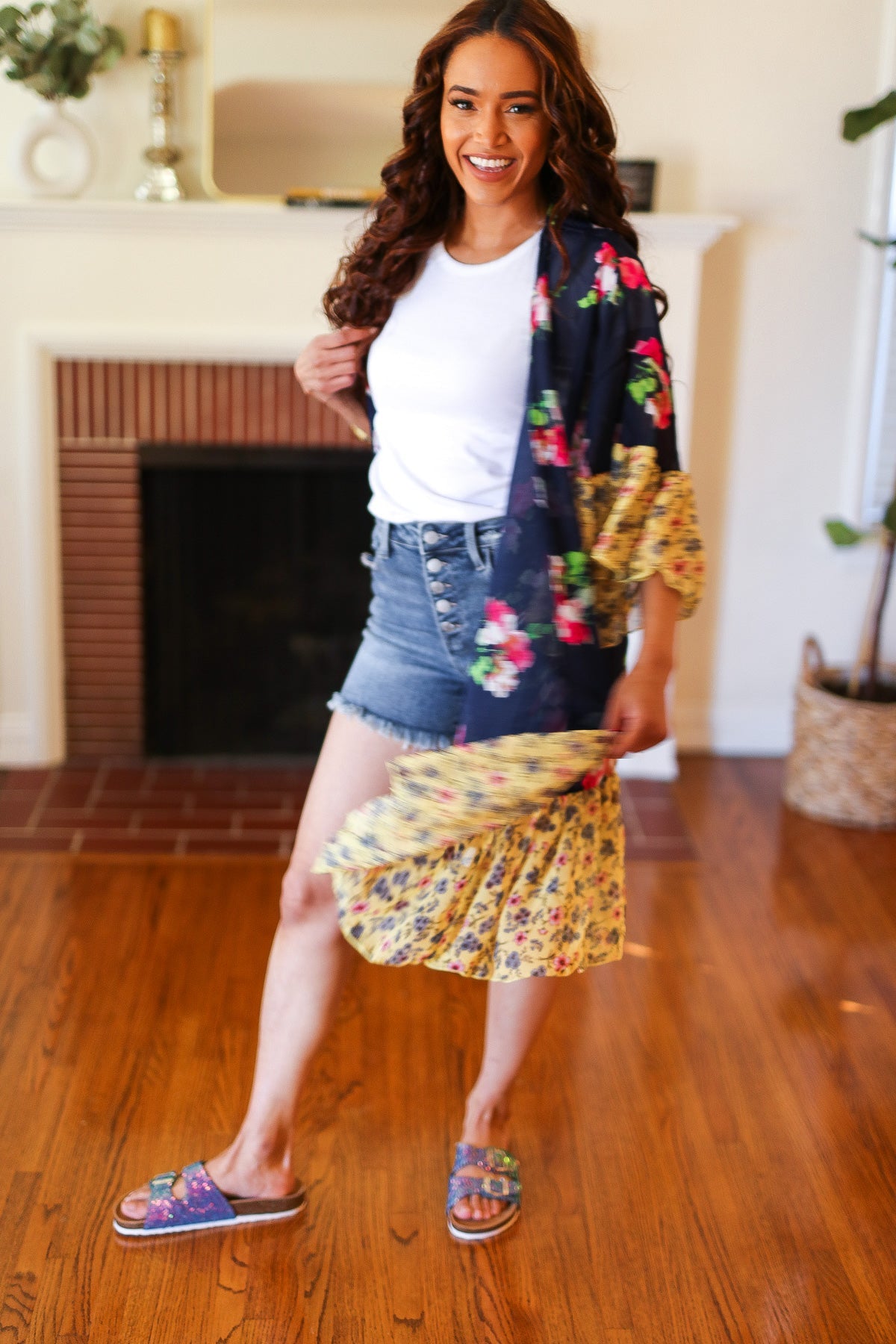 Navy & Yellow Colorblock Floral Chiffon Ruffle Kimono Haptics