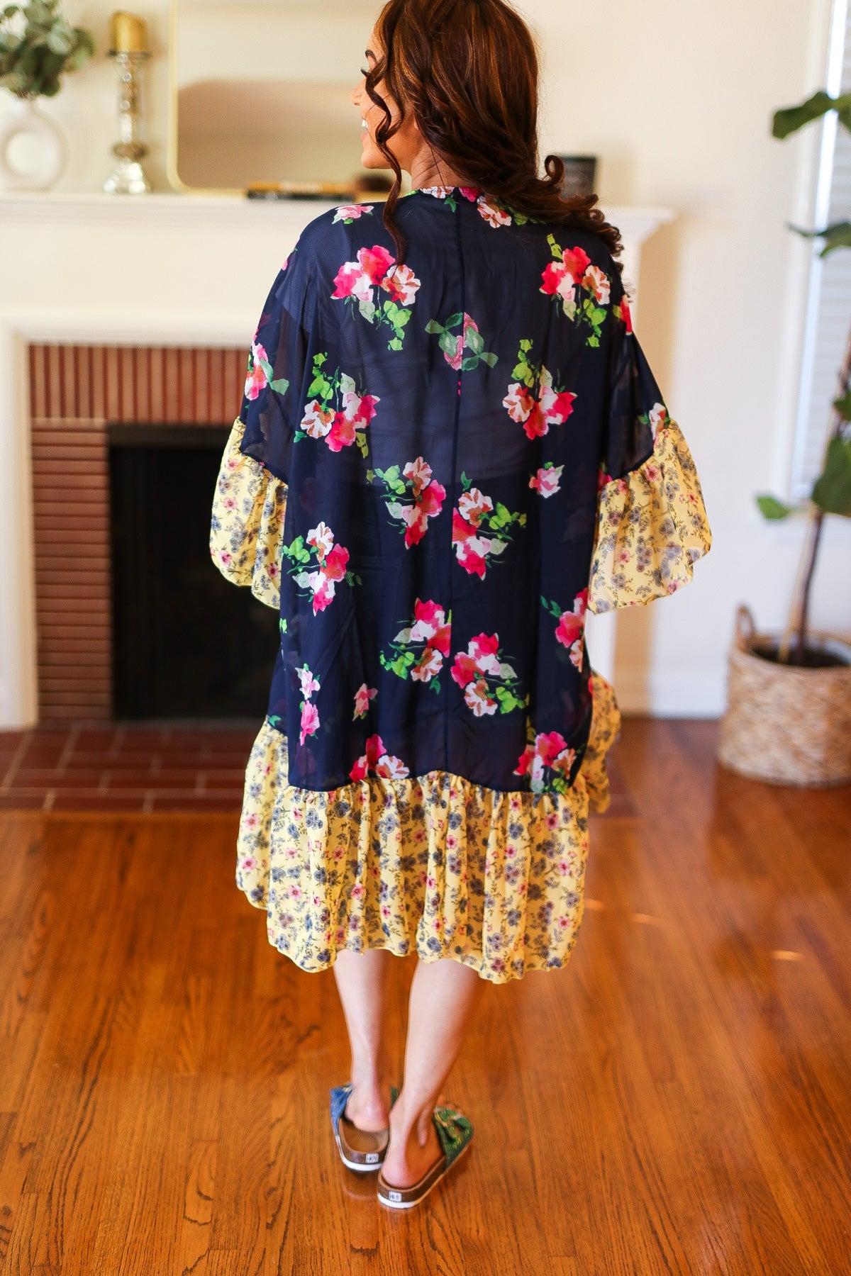 Navy & Yellow Colorblock Floral Chiffon Ruffle Kimono Haptics