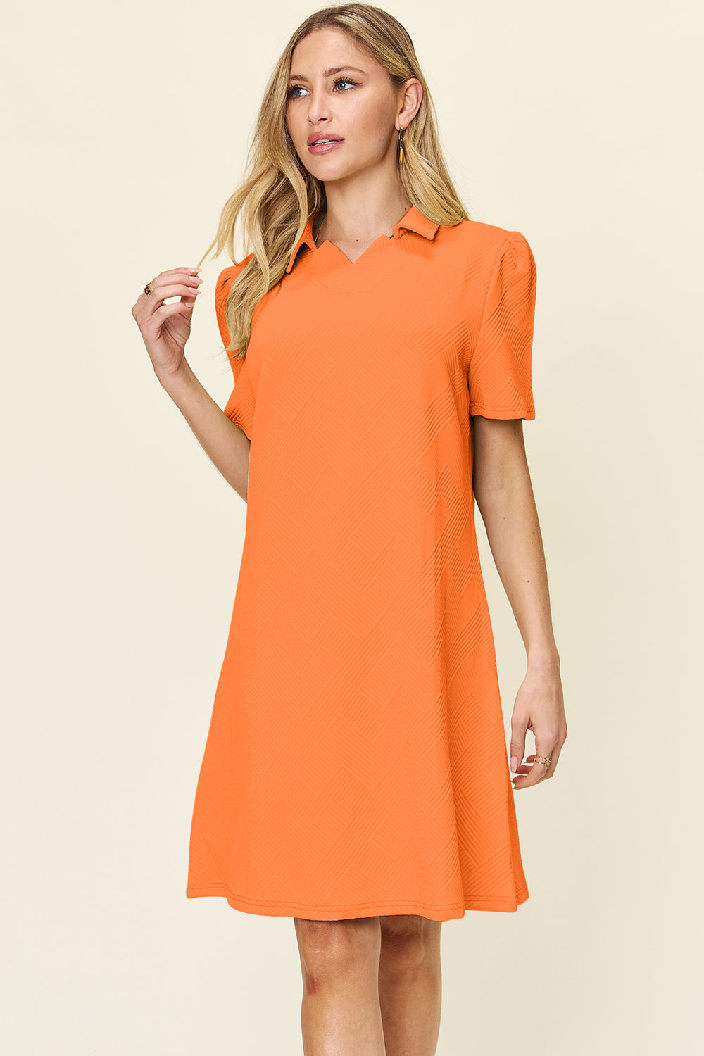 Double Take Full Size Texture Collared Neck Short Sleeve Dress Trendsi