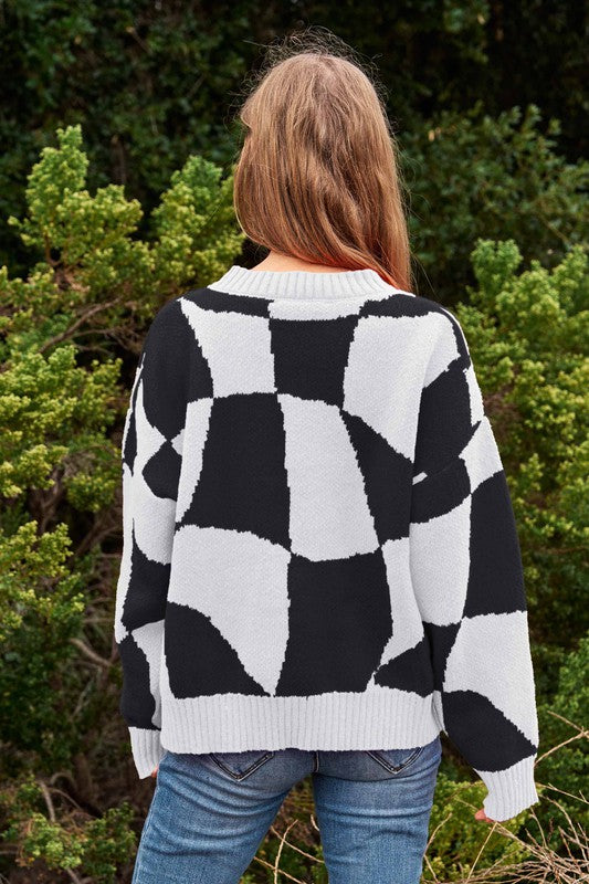 Multi Geo Checker Pullover Knit Sweater Top Davi & Dani