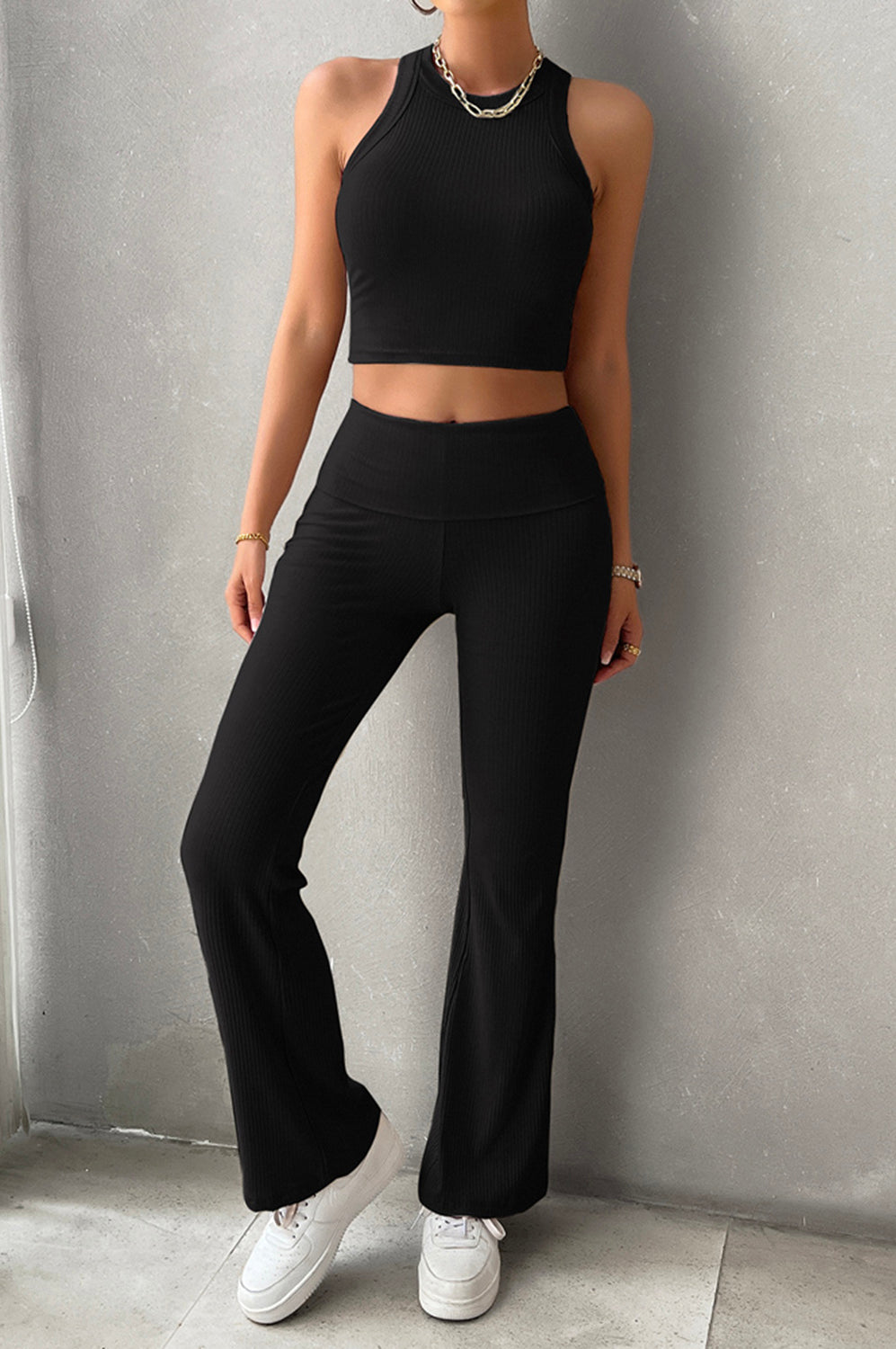 Ribbed Round Neck Tank and Pants Set Trendsi