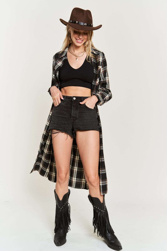 PLAID PRINT COLLAR LONG SHIRT DRESS PLUS Jade By Jane