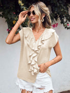 Ruffled V-Neck Short Sleeve Blouse Trendsi