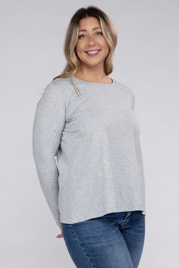 Plus Cotton Crew Neck Long Sleeve T-Shirt ZENANA