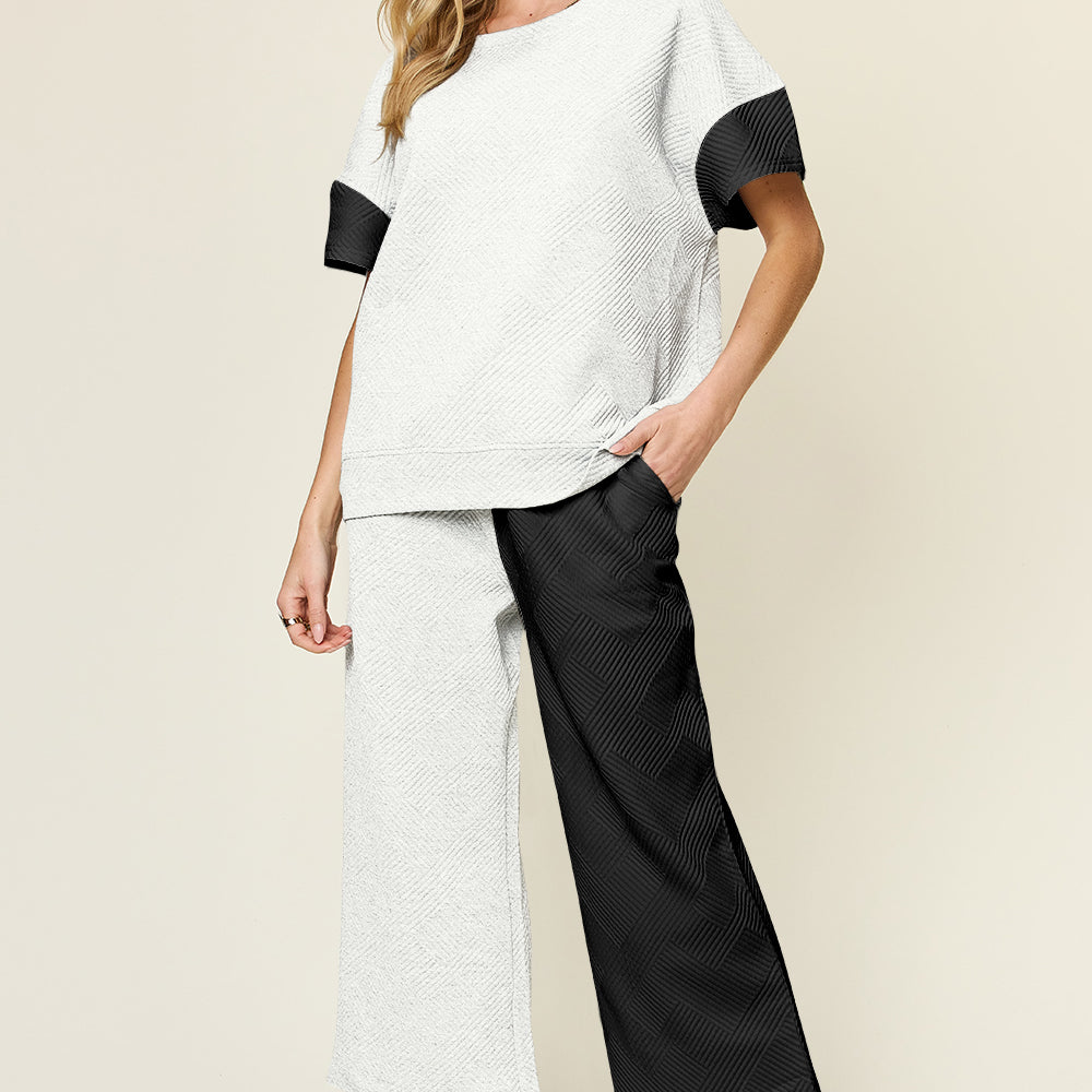 Double Take Full Size Texture Contrast T-Shirt and Wide Leg Pants Set Trendsi