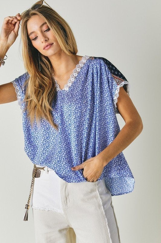 Printed Lace V-Neck Short Sleeve Loose Top Davi & Dani