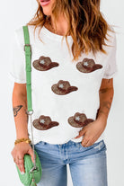 Sequin Hat Round Neck Short Sleeve T-Shirt Trendsi