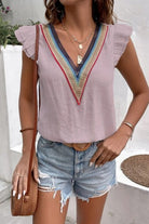 Full Size Ruffled V-Neck Cap Sleeve Blouse Trendsi