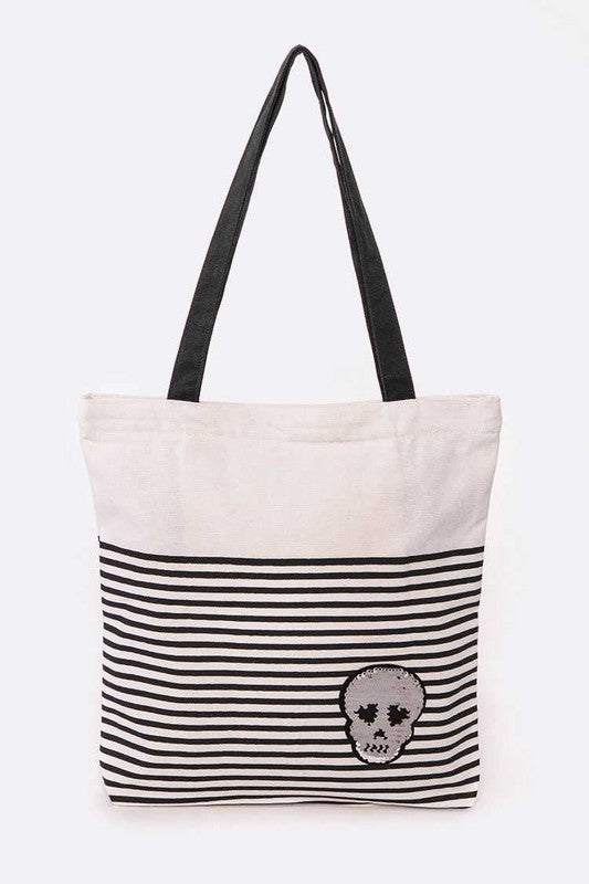 Sequins Skull Patch Fashion Canvas Tote LA Jewelry Plaza