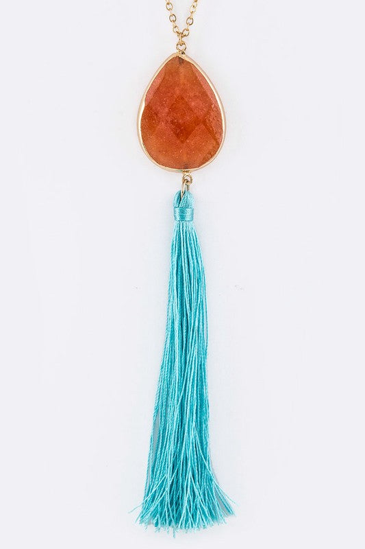 Semi Precious Teardrop & Tassel Pendant Necklace LA Jewelry Plaza