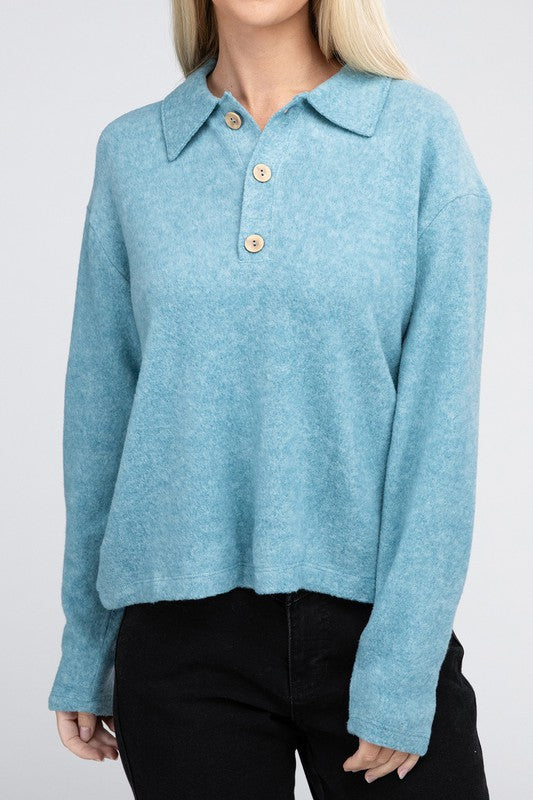 Brushed Melange Hacci Collared Sweater ZENANA