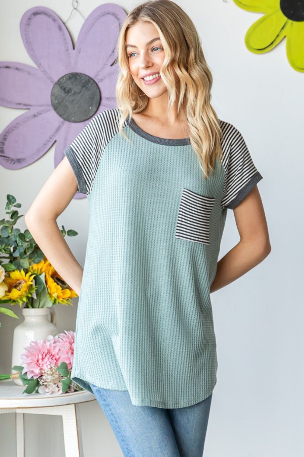 Heimish Full Size Striped Short Sleeve Waffle T-Shirt Trendsi