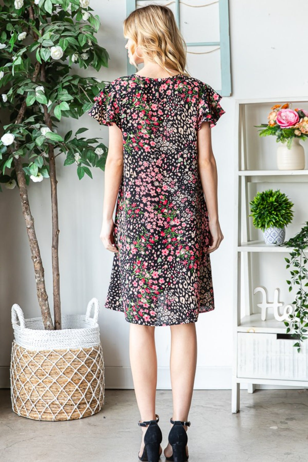 Heimish Full Size Printed Ruffled Short Sleeve Dress with Pockets Trendsi
