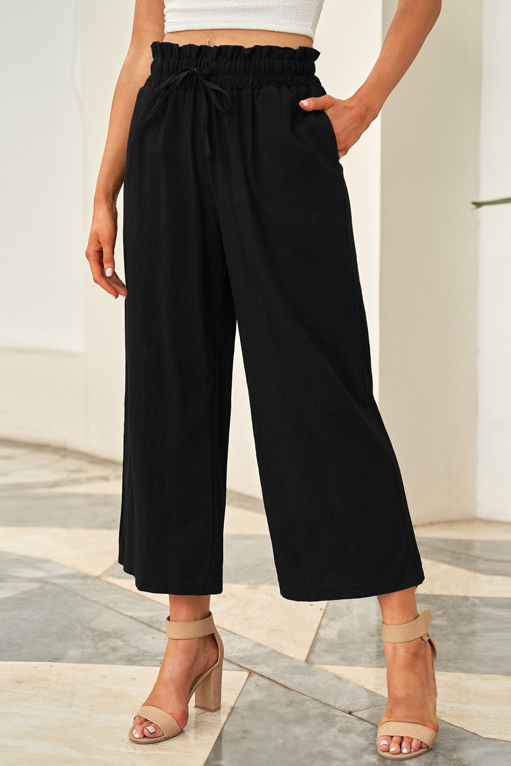 Drawstring Paperbag Waist Wide Leg Pants Trendsi