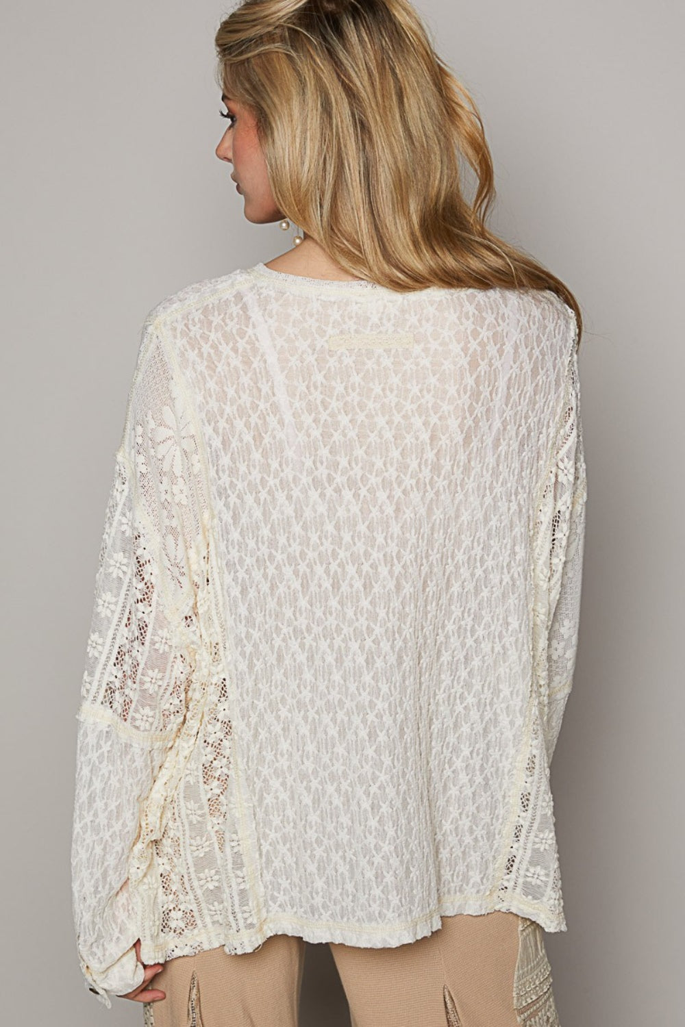 POL Round Neck Long Sleeve Raw Edge Lace Top Trendsi