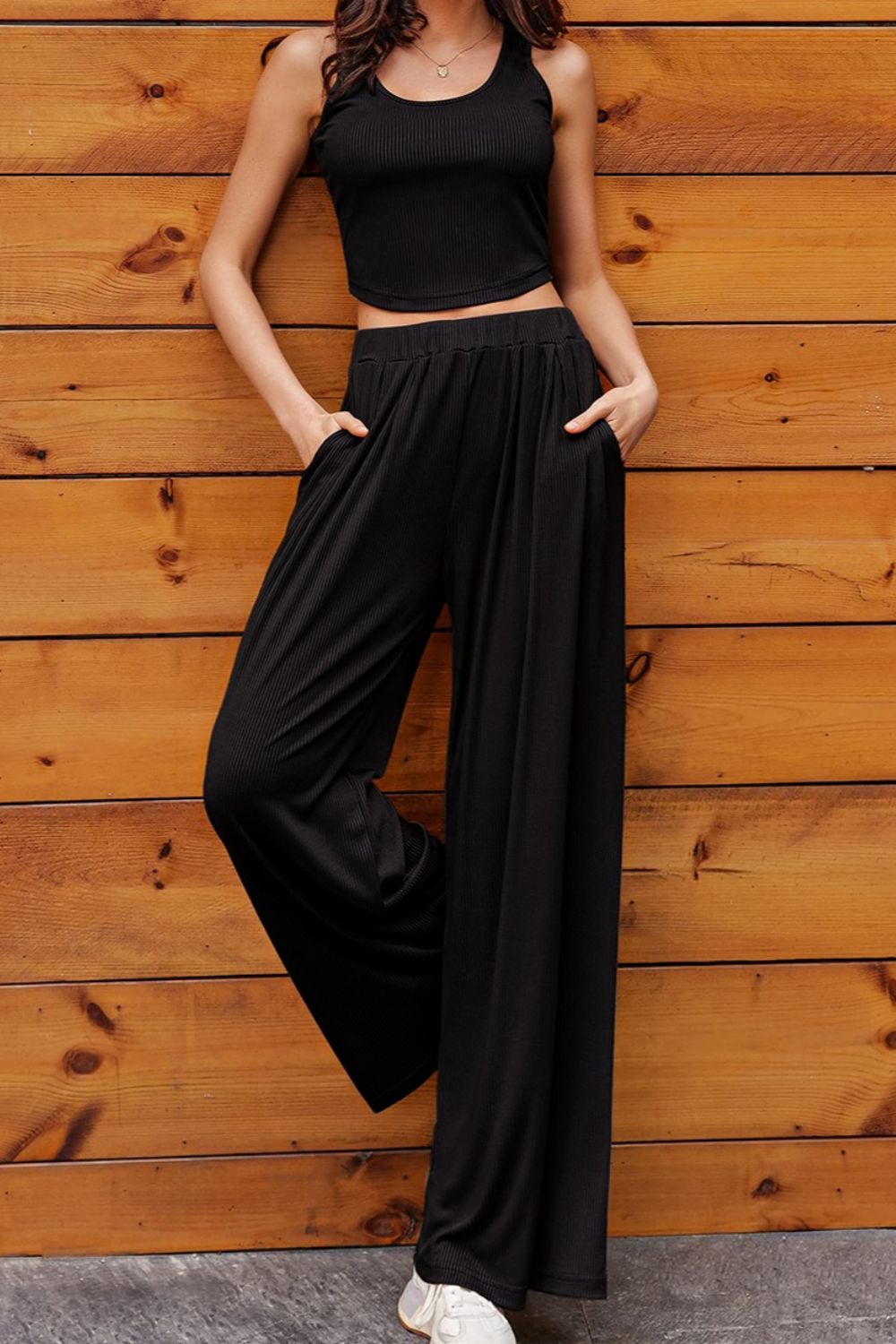 Scoop Neck Top and Wide Leg Pants Set Trendsi