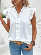 Ruffled V-Neck Cap Sleeve Blouse Trendsi