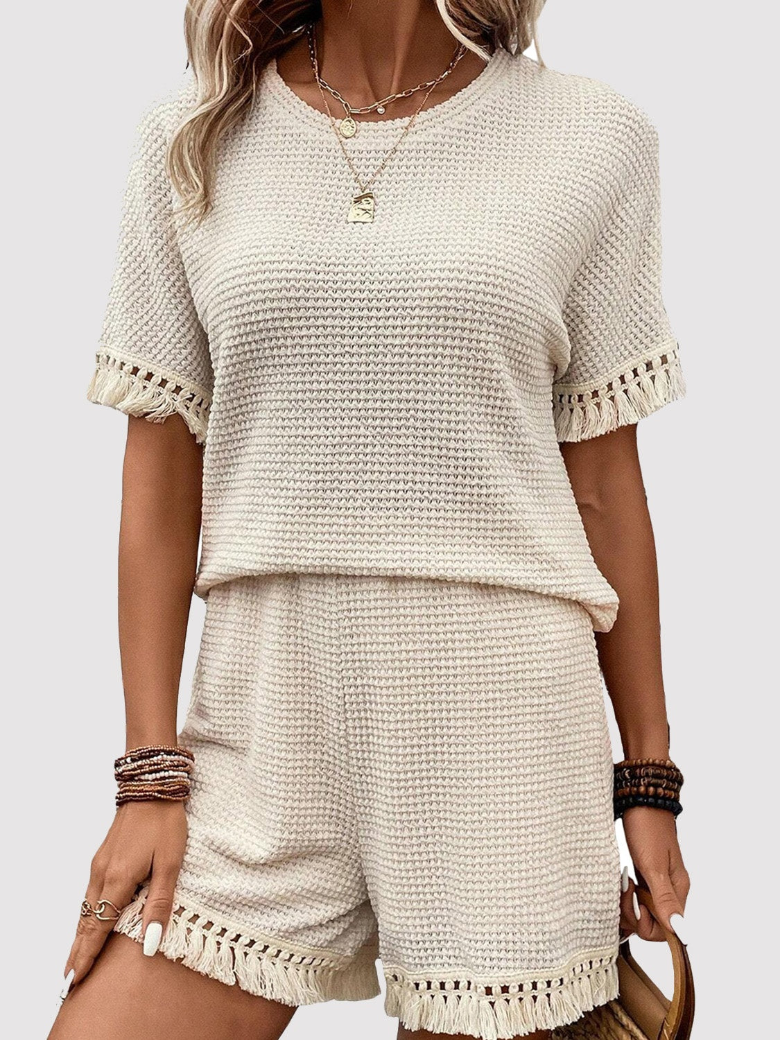 Tassel Round Neck Top and Shorts Set Trendsi