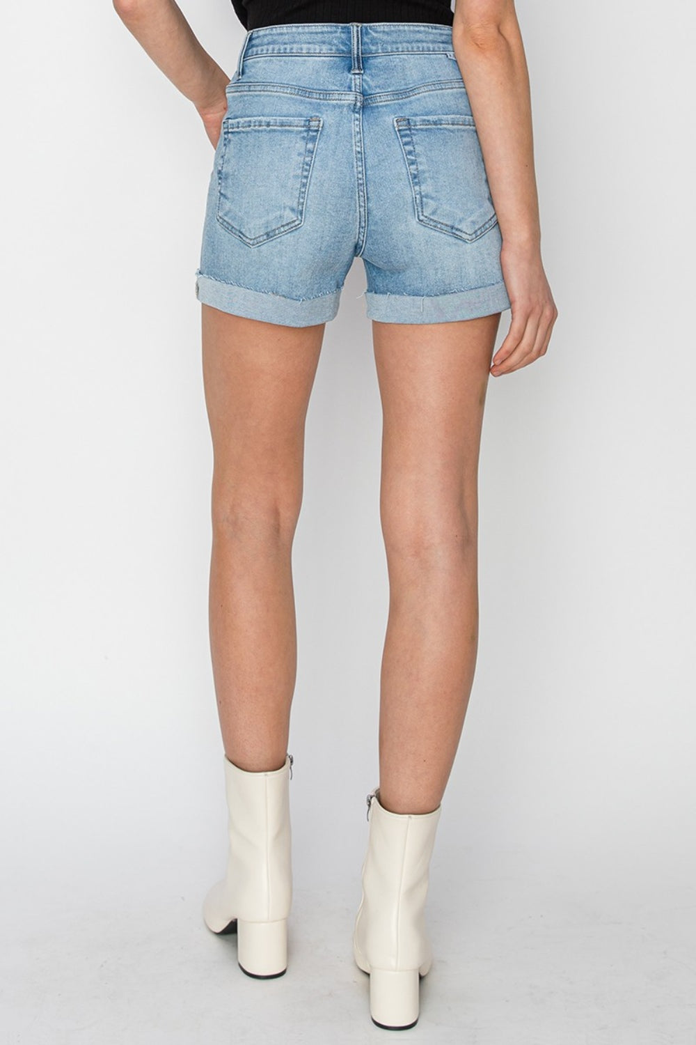 RISEN Distressed Mid-Rise Waist Denim Shorts Trendsi