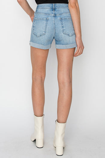 RISEN Distressed Mid-Rise Waist Denim Shorts Trendsi