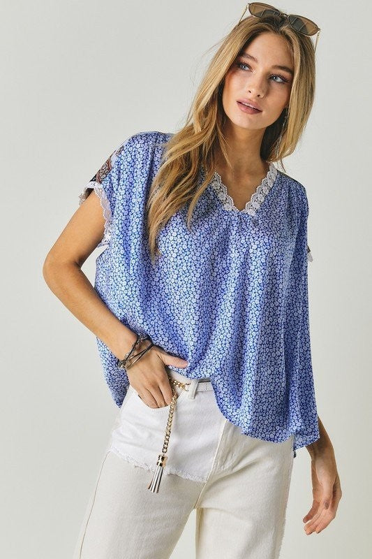 Printed Lace V-Neck Short Sleeve Loose Top Davi & Dani