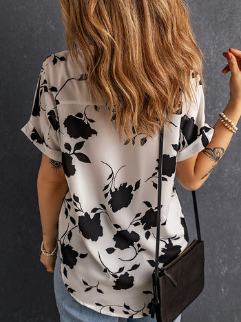 Printed Notched Short Sleeve Blouse Casual Chic Boutique