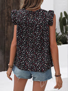 Ruffled Printed Round Neck Cap Sleeve Blouse Trendsi