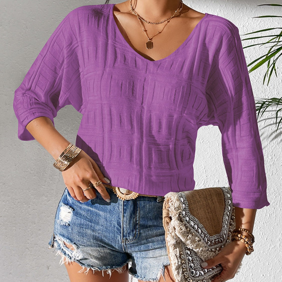 V-Neck Three-Quarter Sleeve Knit Top