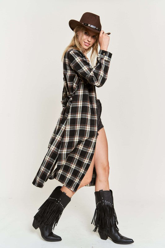 PLAID PRINT COLLAR LONG SHIRT DRESS PLUS Jade By Jane